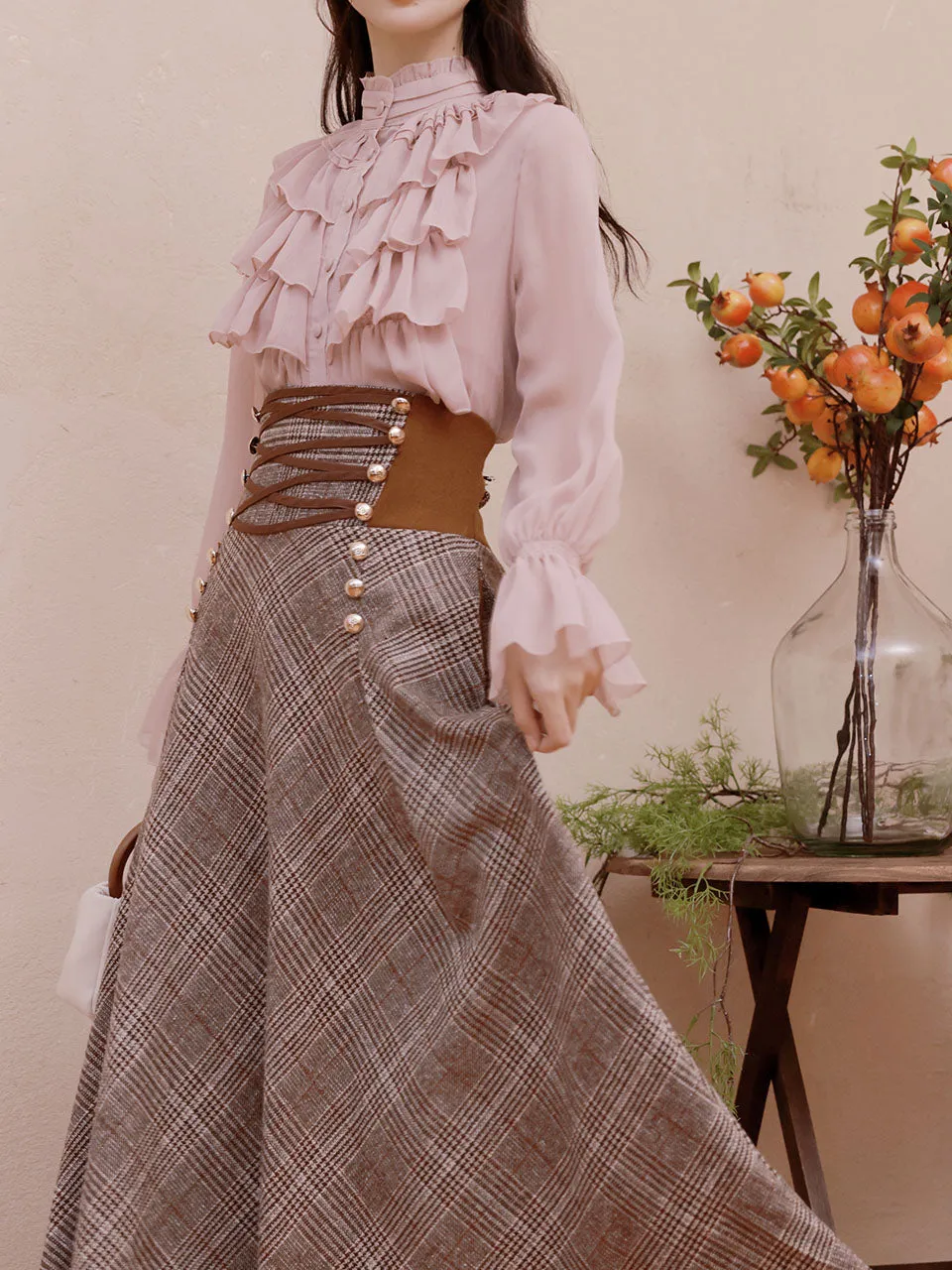 2PS Pink Ruffles Shirt and Plaid Brown Swing Skirt Suit Women Vintage Medieval Victorian Dress