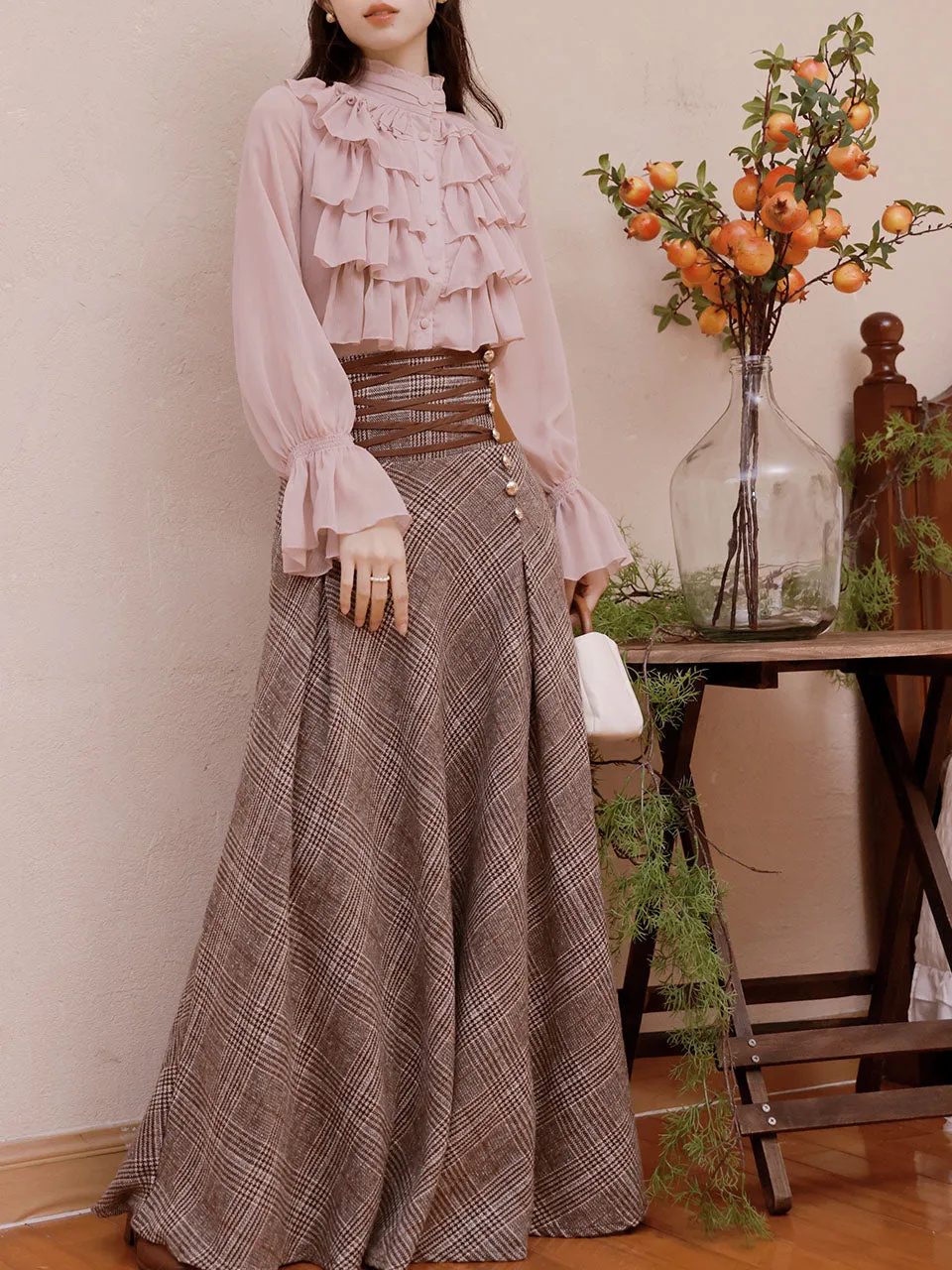 2PS Pink Ruffles Shirt and Plaid Brown Swing Skirt Suit Women Vintage Medieval Victorian Dress