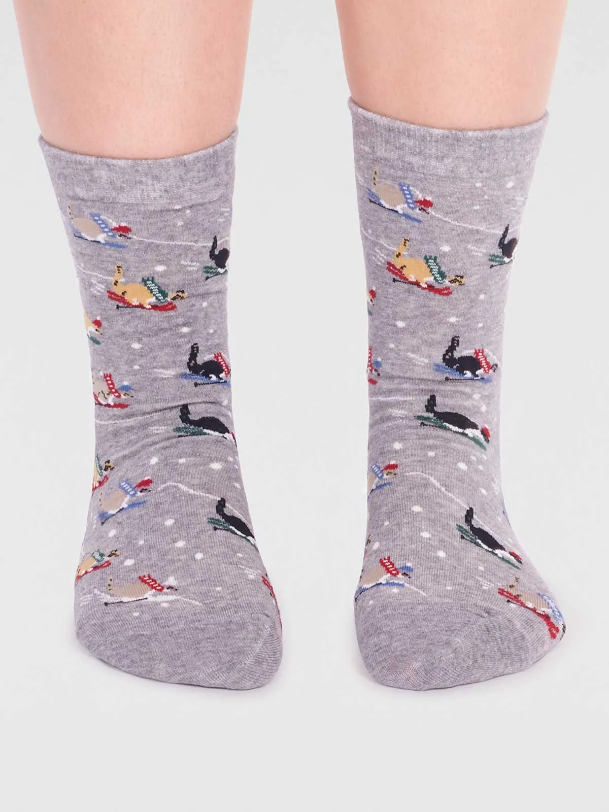 Amaryllis Organic Cotton Skiing Cat Sock - Grey Marle