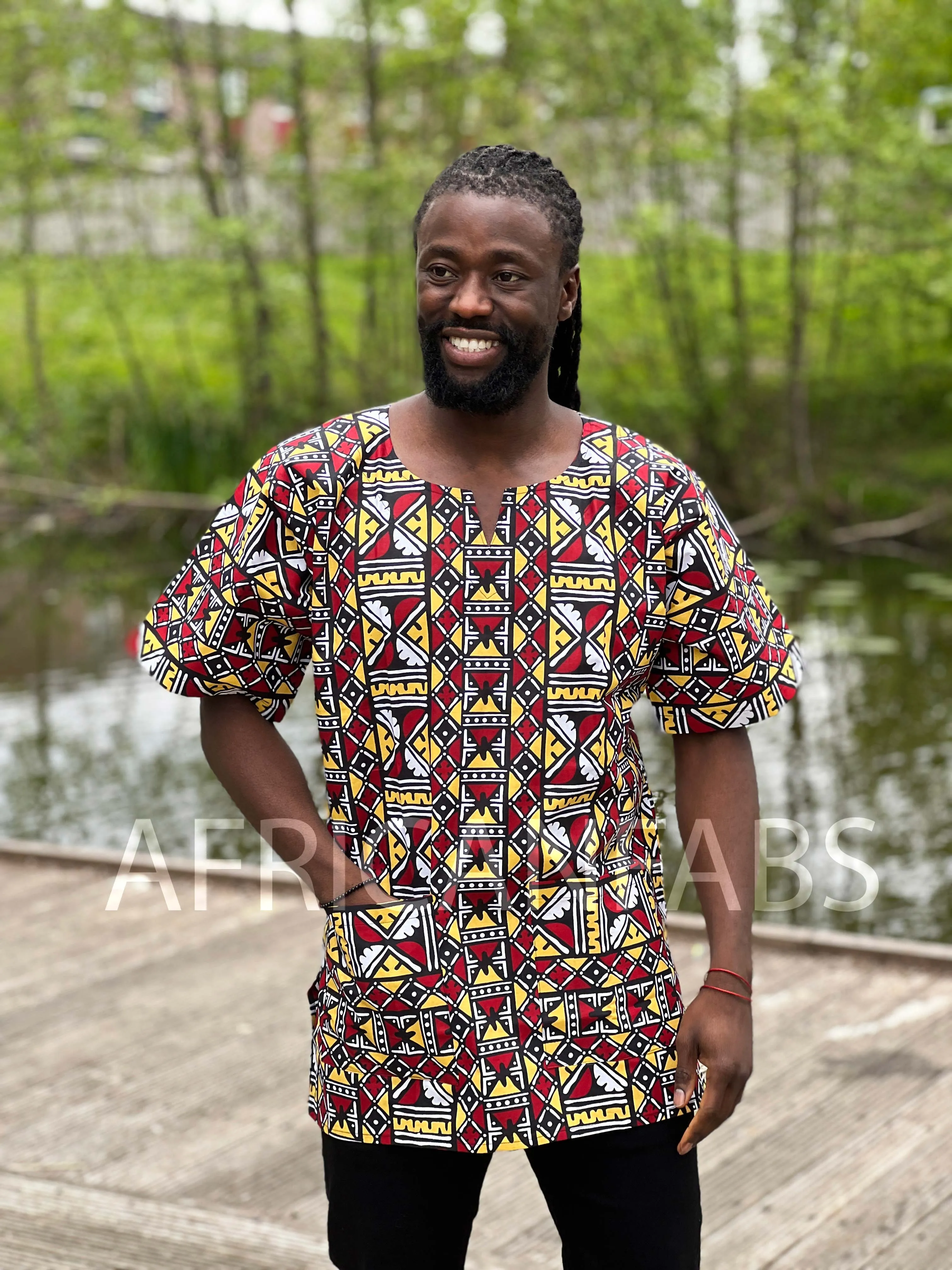 Beige / white Bogolan Dashiki Shirt / Dashiki Dress - African print top - Unisex