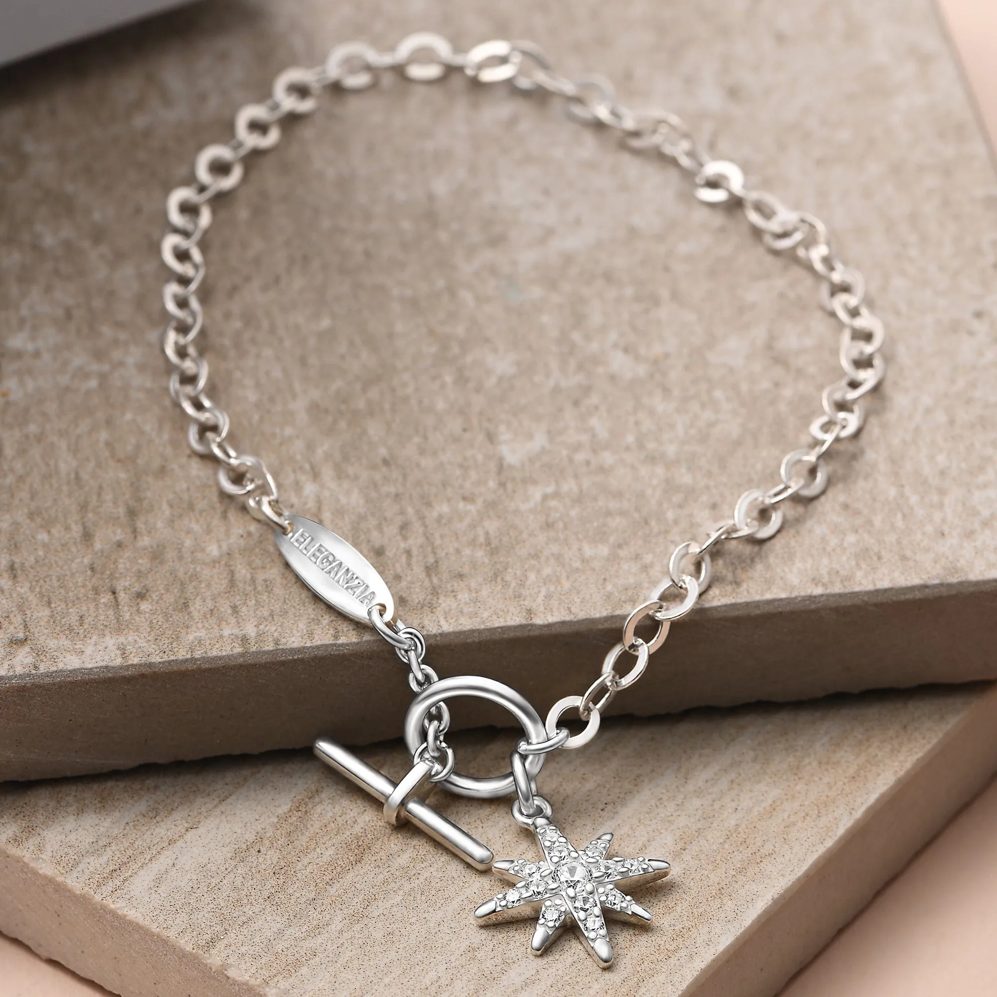 CZ North Star Silver Bracelet T-Bar Star Jewelry