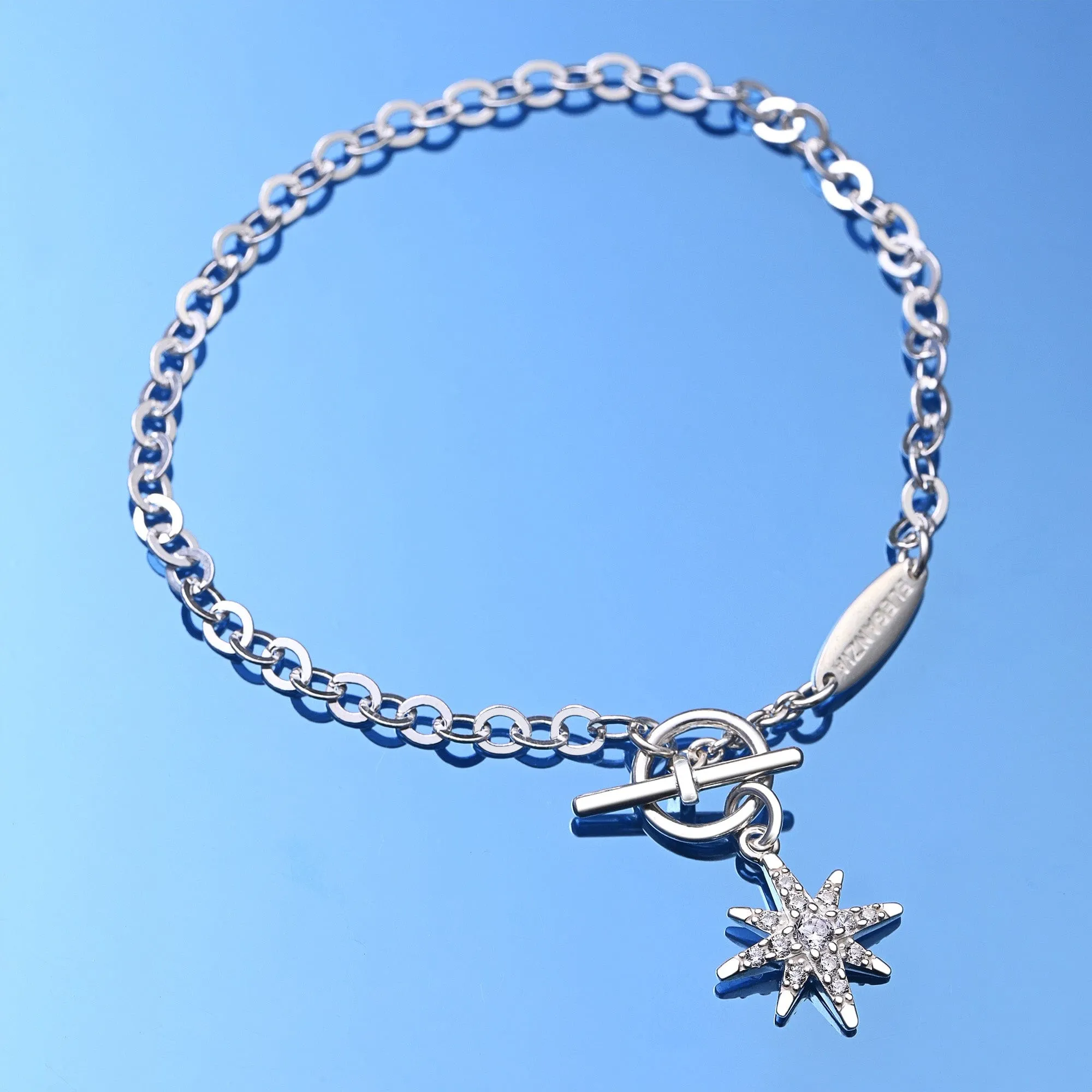 CZ North Star Silver Bracelet T-Bar Star Jewelry