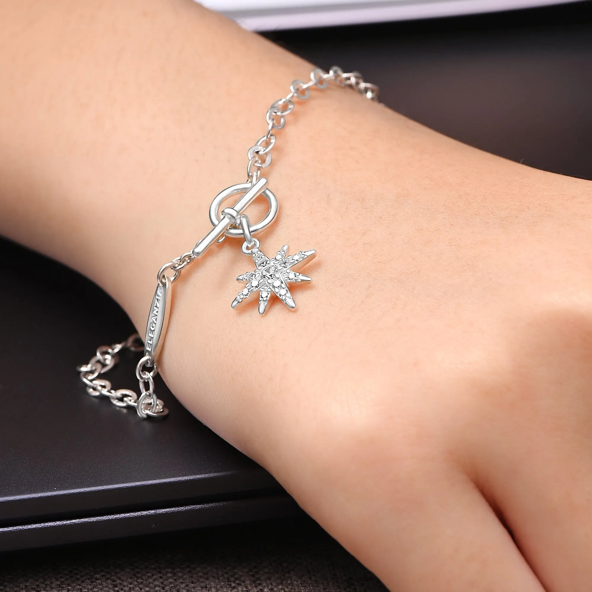 CZ North Star Silver Bracelet T-Bar Star Jewelry