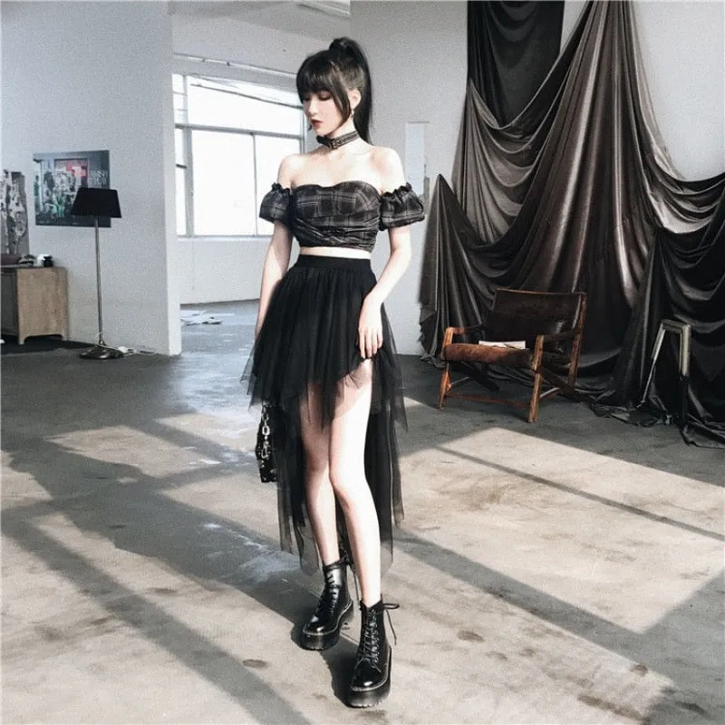 'Destroyer' Black Grunge Asymmetric Tulle Mesh Skirt