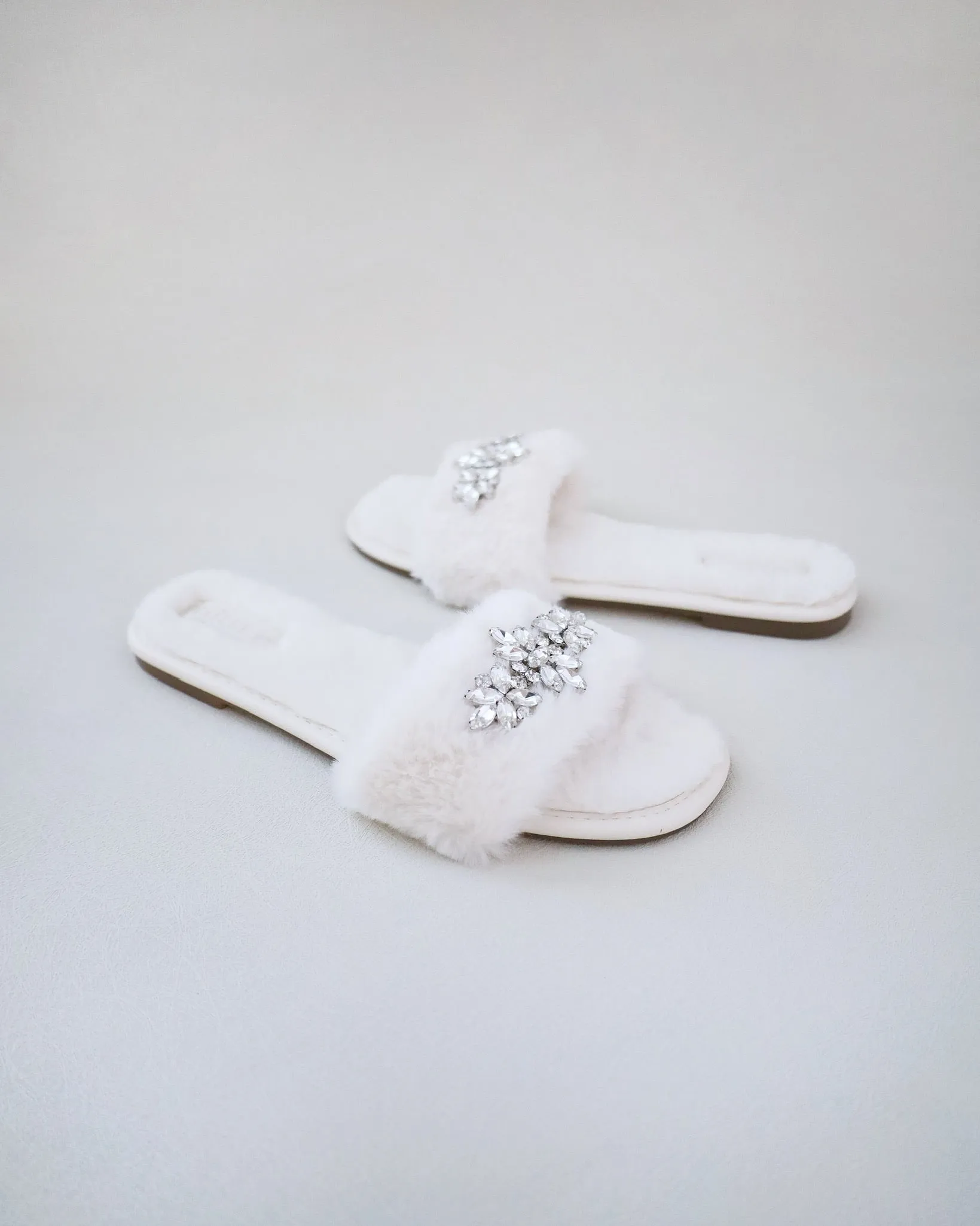 Faux Fur Slide Flat Sandals with Asteria Brooch