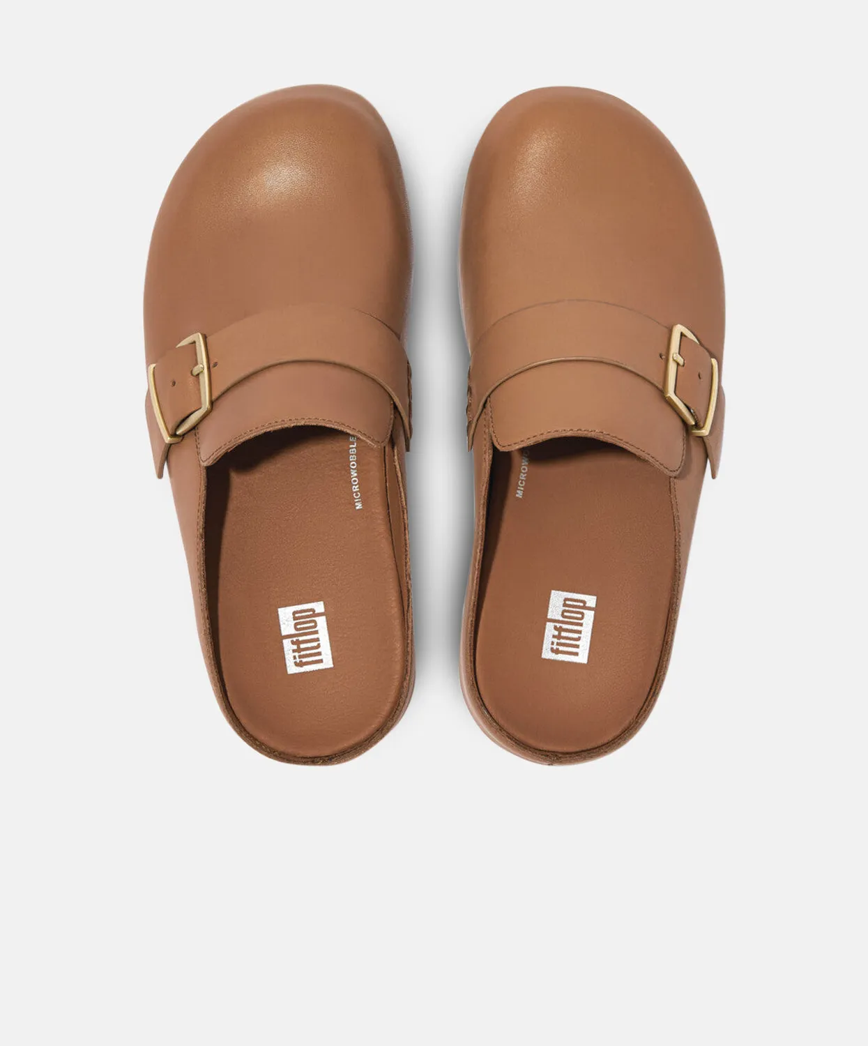 FitFlop Shuv Buckle Latte Tan Leather Clogs