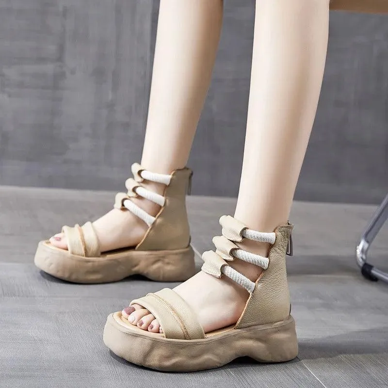 GO1244 Women's Casual Shoes: Handmade Leather Thick-soled Sandal Boots