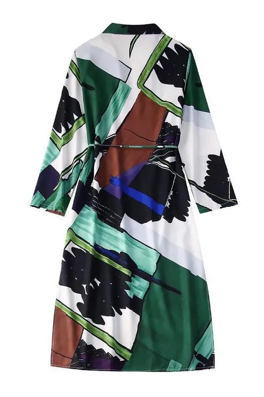 Green Printed Long Sleeve Collard Tunic Dress