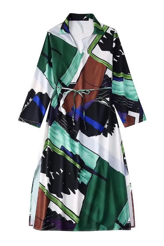 Green Printed Long Sleeve Collard Tunic Dress