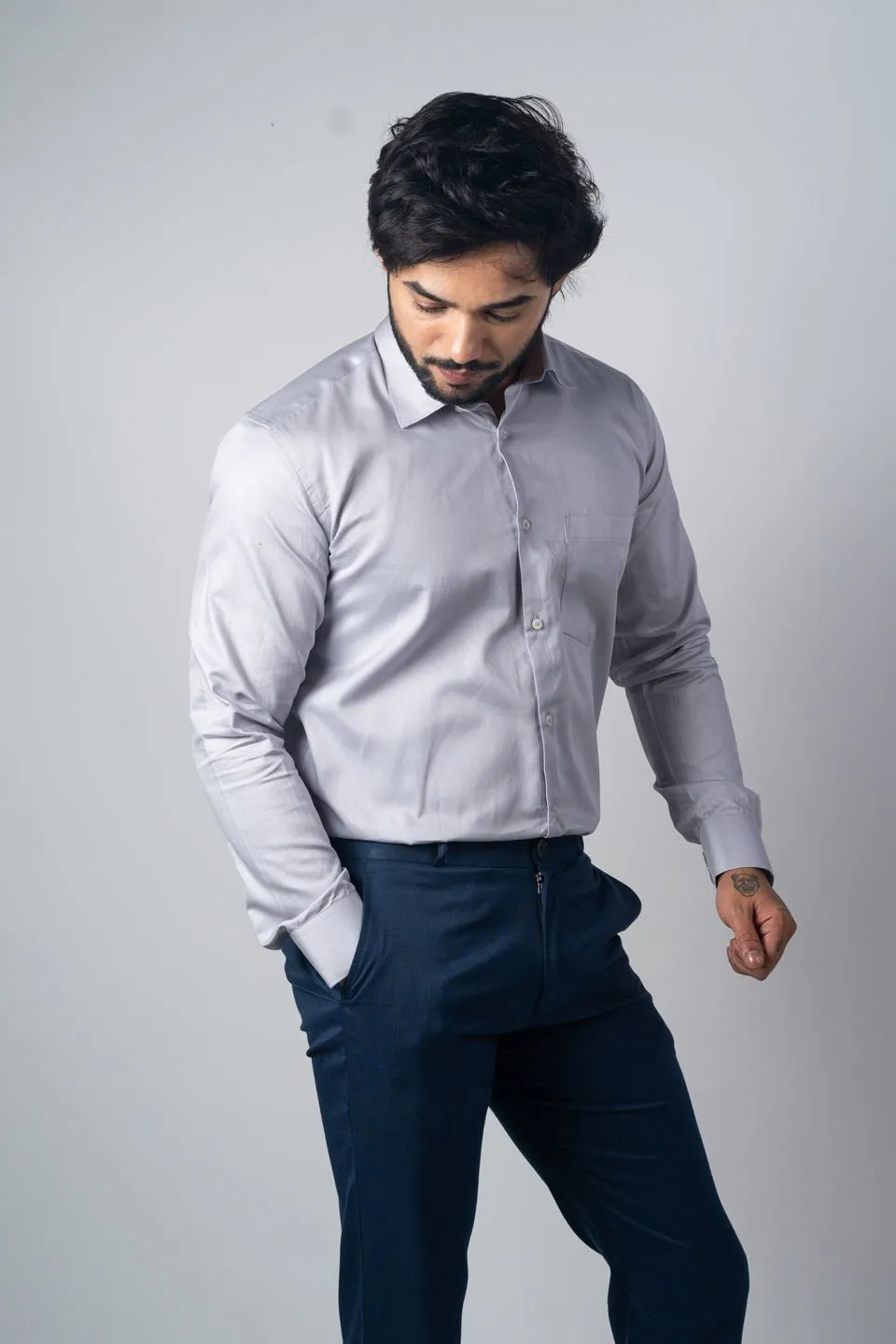 Grey Color Micro Checks Texture Satin Cotton Shirt For Men