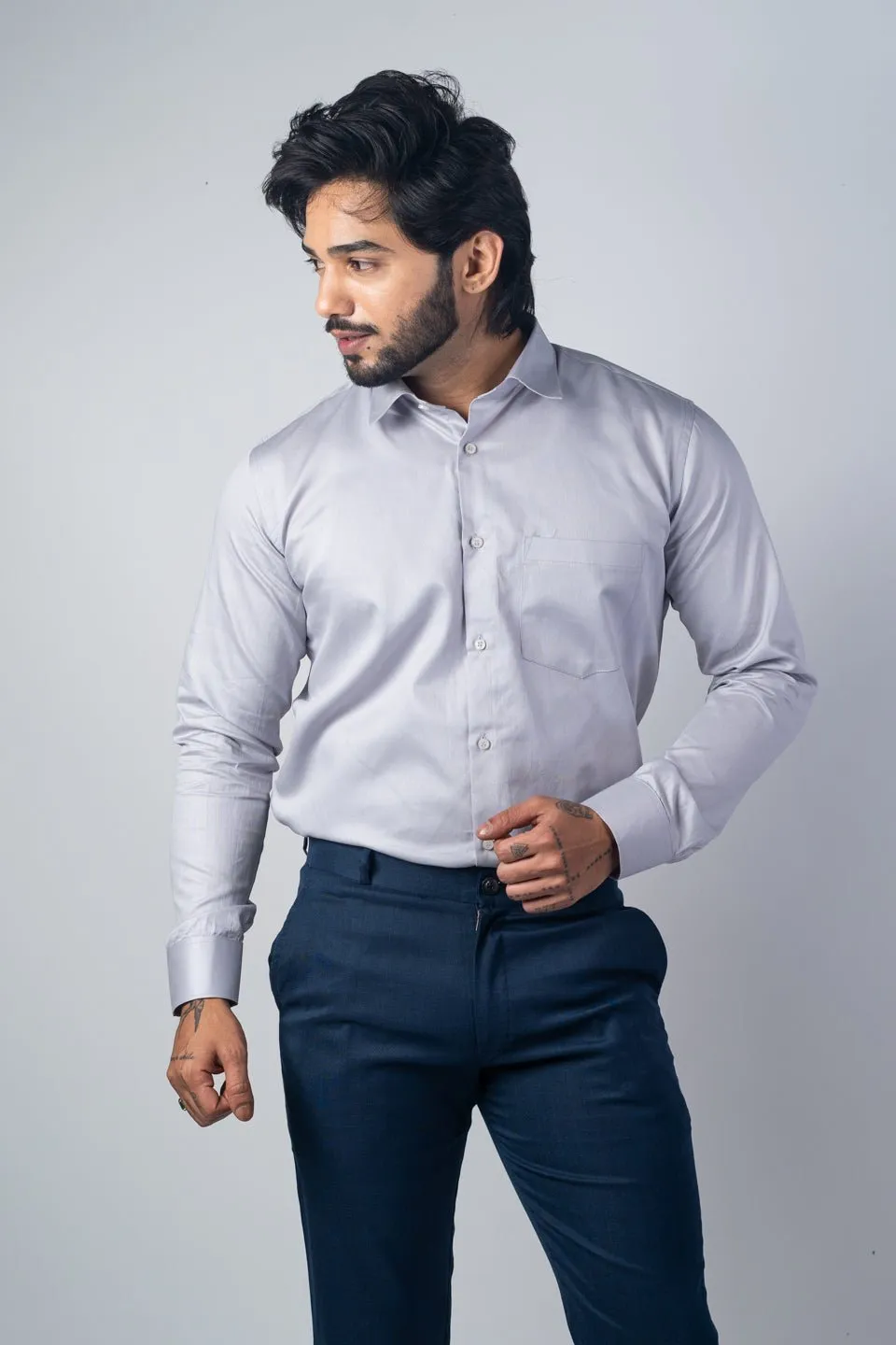 Grey Color Micro Checks Texture Satin Cotton Shirt For Men