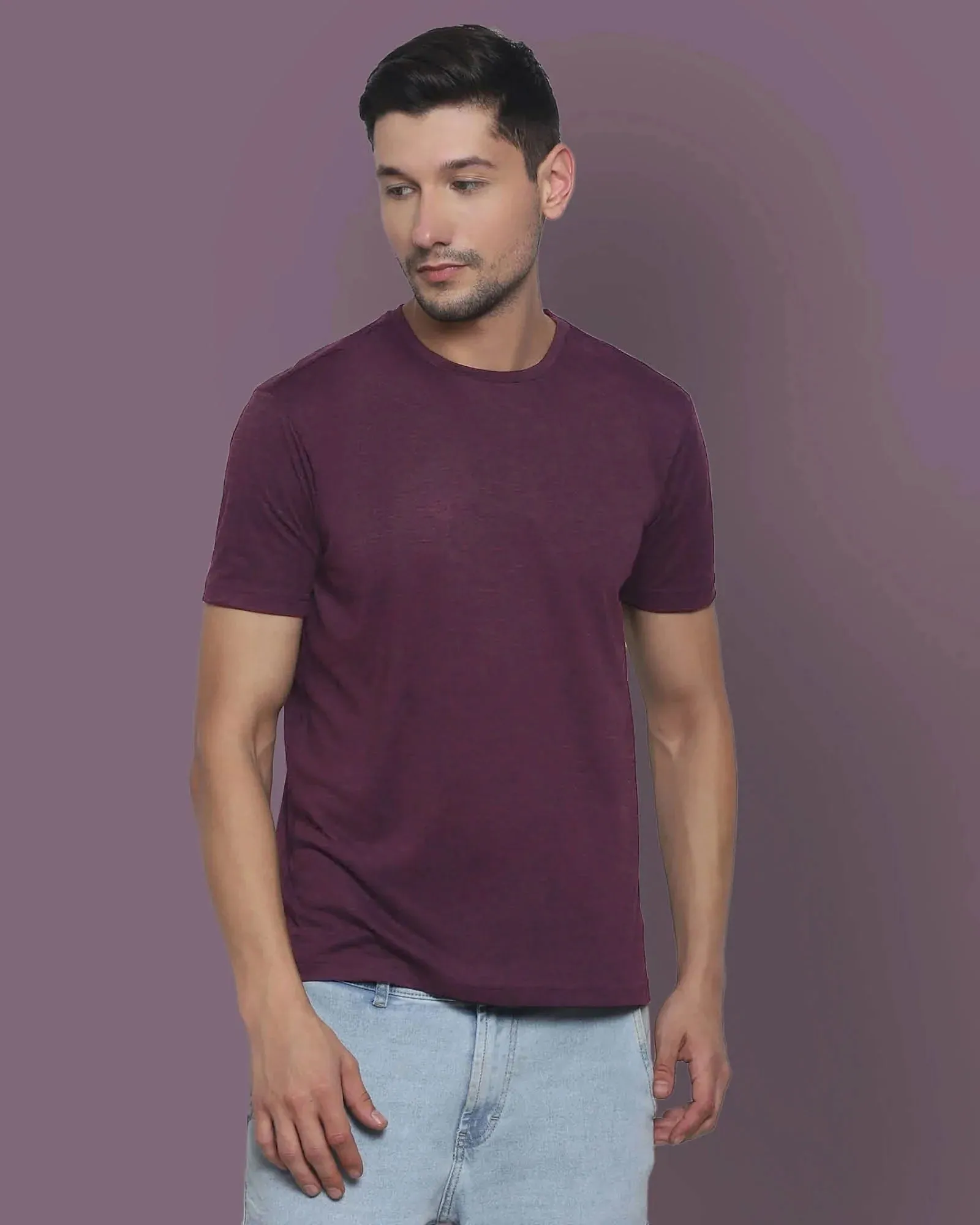 Half Sleeves Crew Neck: Wine Melange