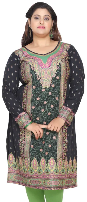 India Tunic Long Top Kurti Womens Plus Size Indian Clothes (Black)