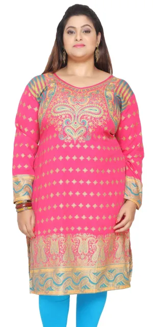 India Tunic Long Top Kurti Womens Plus Size Indian Clothes (Pink)