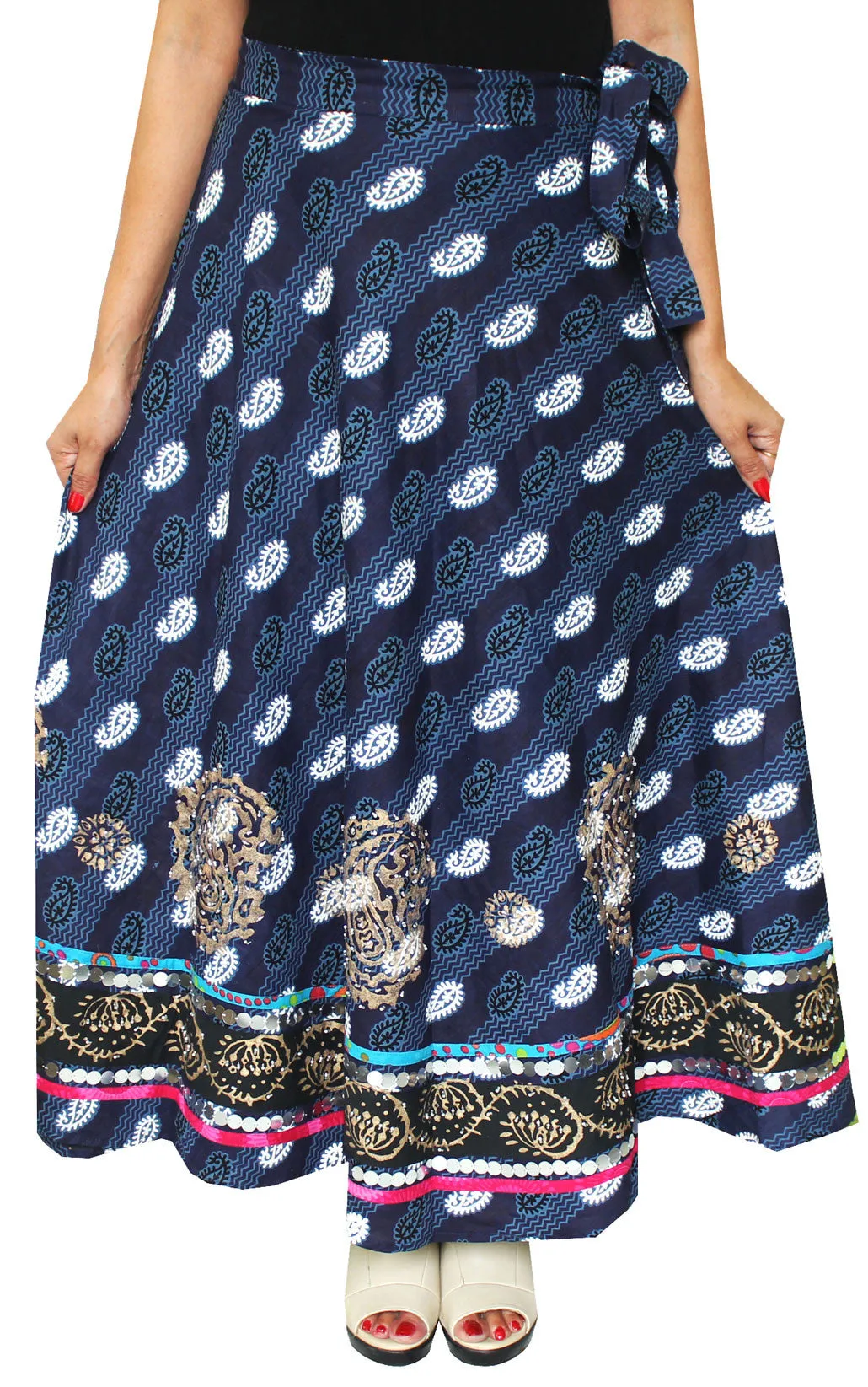 Indian Long Wrap Skirt Cotton Printed Womens Designer Clothes (Blue)