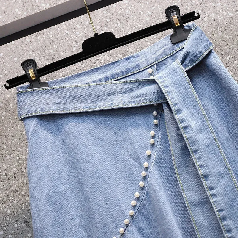 LVSANW EHQAXIN Women's Casual Denim Skirt 2024 Summer New Simple Irregular Lace-Up Beaded Loose Denim Skirt Ladies Fashion Youth L-4XL