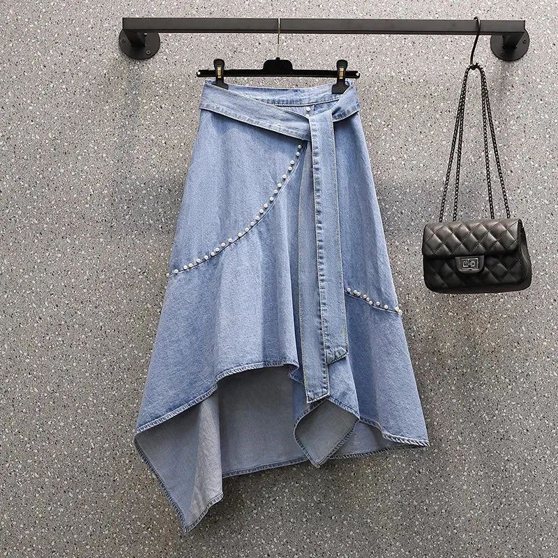 LVSANW EHQAXIN Women's Casual Denim Skirt 2024 Summer New Simple Irregular Lace-Up Beaded Loose Denim Skirt Ladies Fashion Youth L-4XL