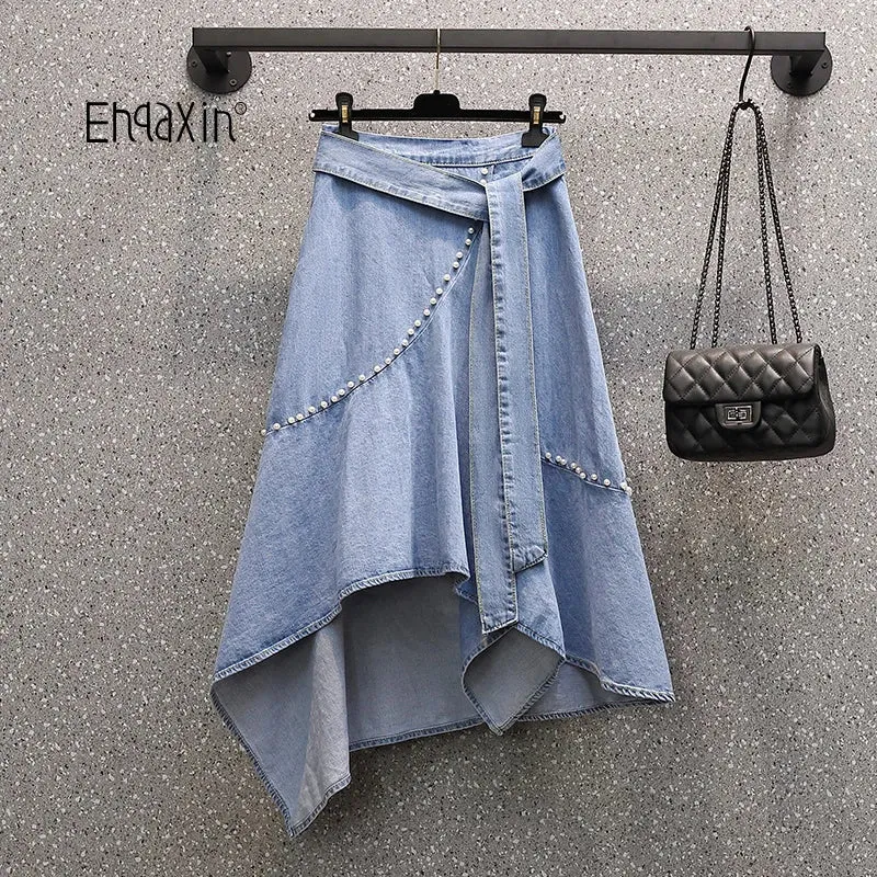 LVSANW EHQAXIN Women's Casual Denim Skirt 2024 Summer New Simple Irregular Lace-Up Beaded Loose Denim Skirt Ladies Fashion Youth L-4XL