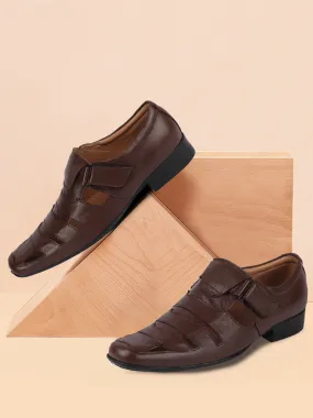 Men Brown Formal Leather Hook & Loop Flat Sandals