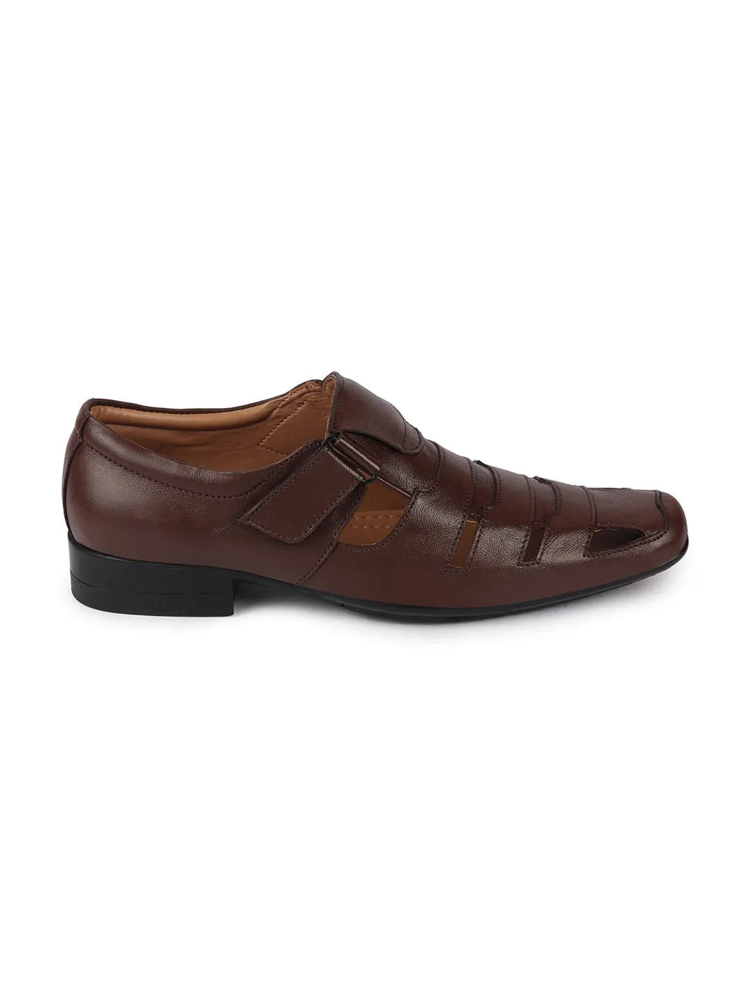 Men Brown Formal Leather Hook & Loop Flat Sandals