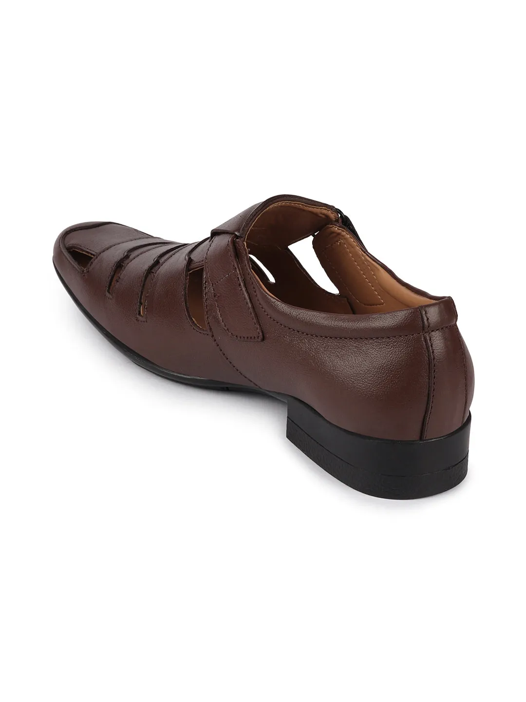 Men Brown Formal Leather Hook & Loop Flat Sandals