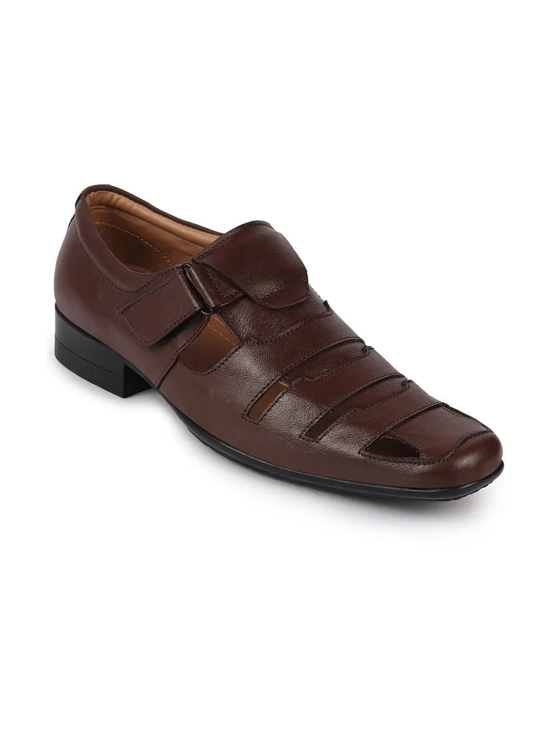 Men Brown Formal Leather Hook & Loop Flat Sandals