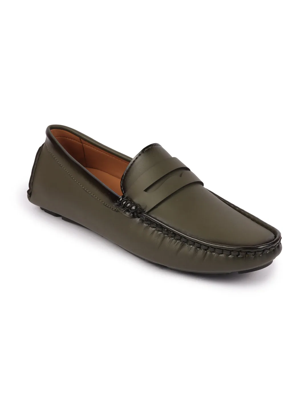 Men Olive Hand Stitched Comfort Loafer and Moccasin Shoes