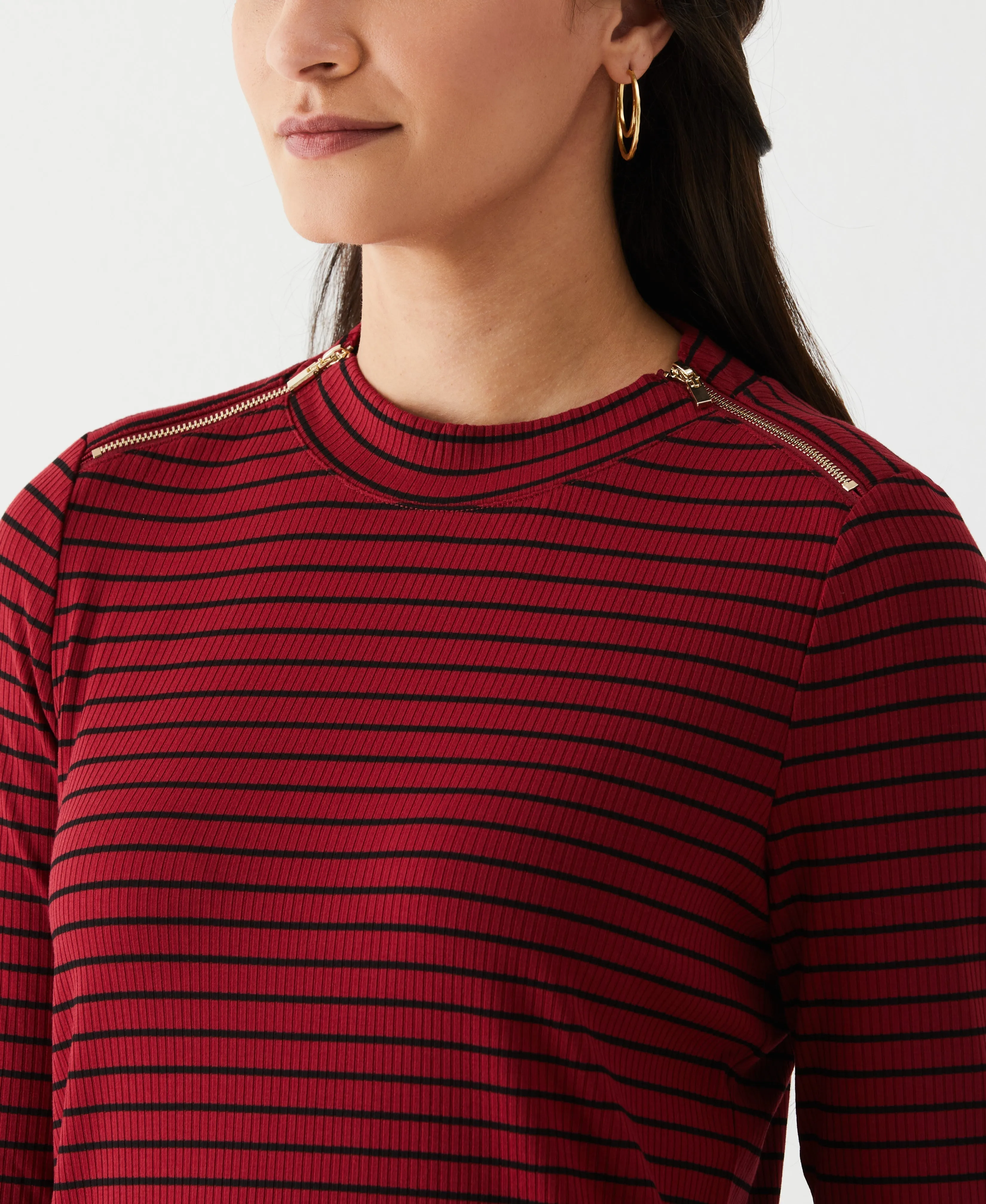 Petite Striped Tee with Zipper Detail