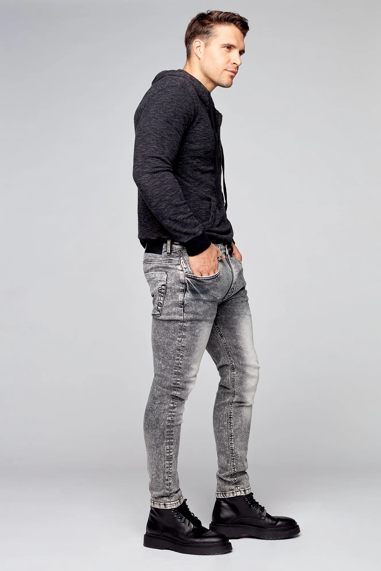 Relaxed Tapered Fit 5 Pocket Jeans - Dark Grey Acid Wash