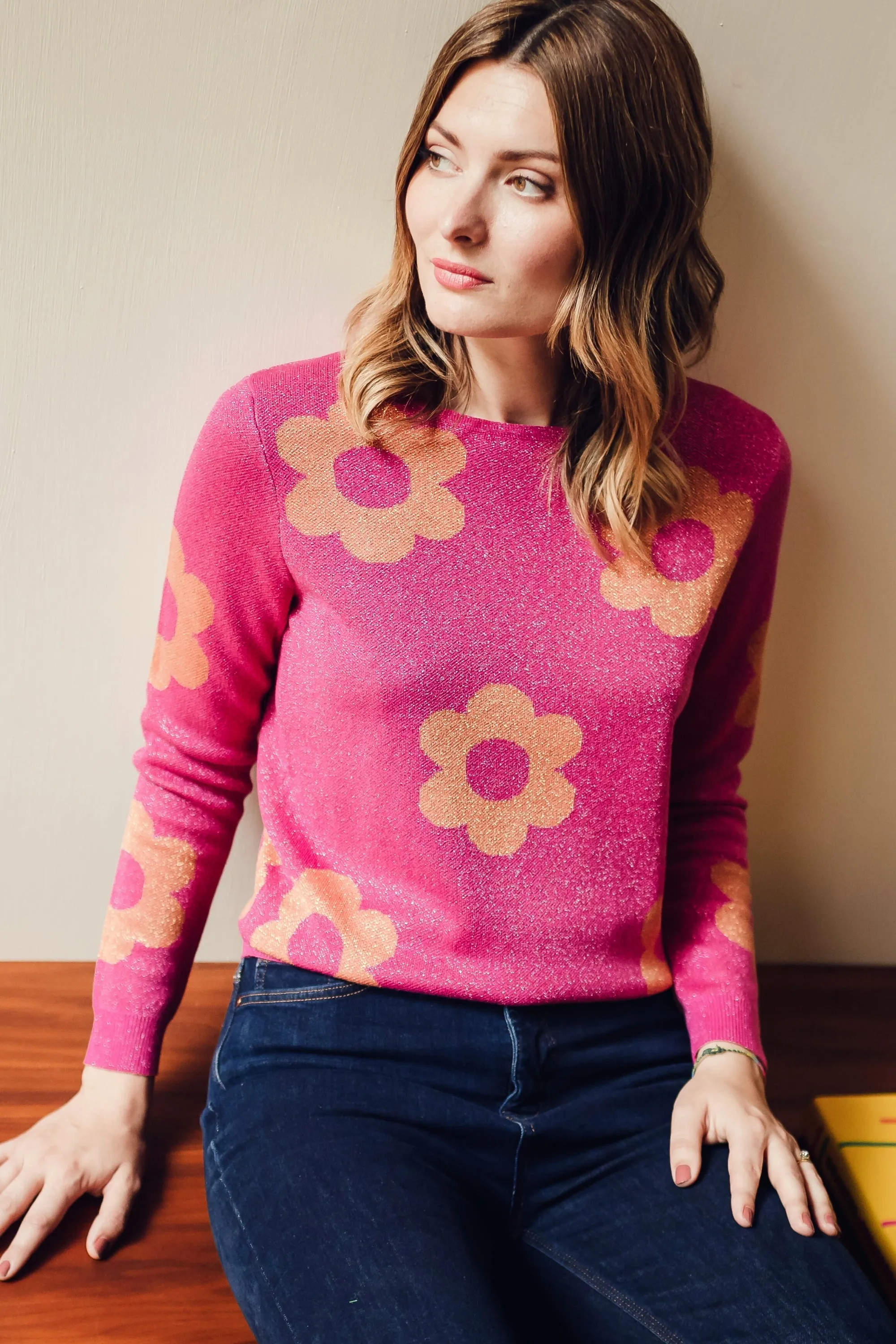 Sugarhill Brighton Pink Sparkle Flowers Rowena Jumper