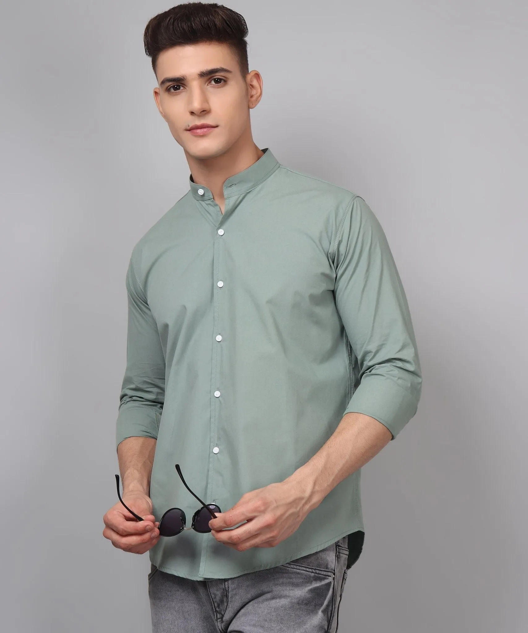 Trybuy Premium Fashionable Cotton Solid Ocean Green Button-Up Shirt For Men