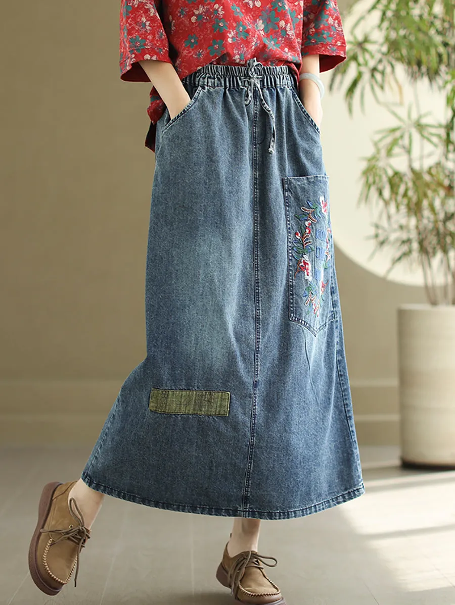 Women Artsy Flower Embroidery Denim Skirt PA1009