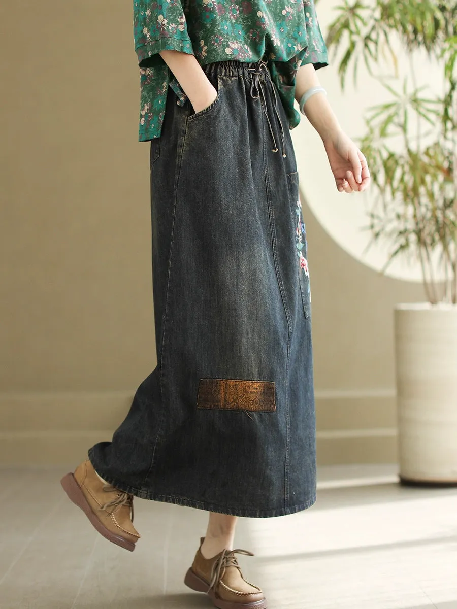 Women Artsy Flower Embroidery Denim Skirt PA1009