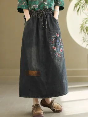 Women Artsy Flower Embroidery Denim Skirt PA1009