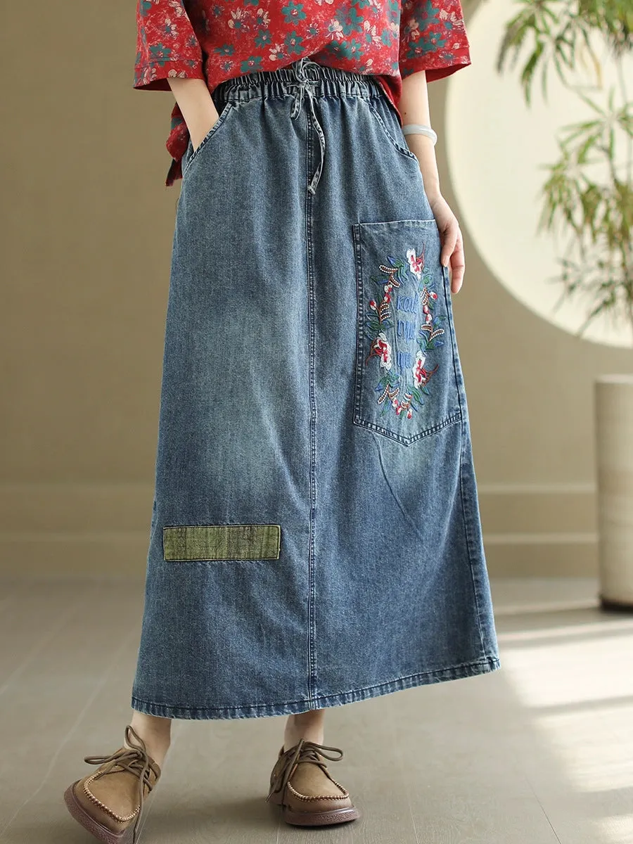 Women Artsy Flower Embroidery Denim Skirt PA1009