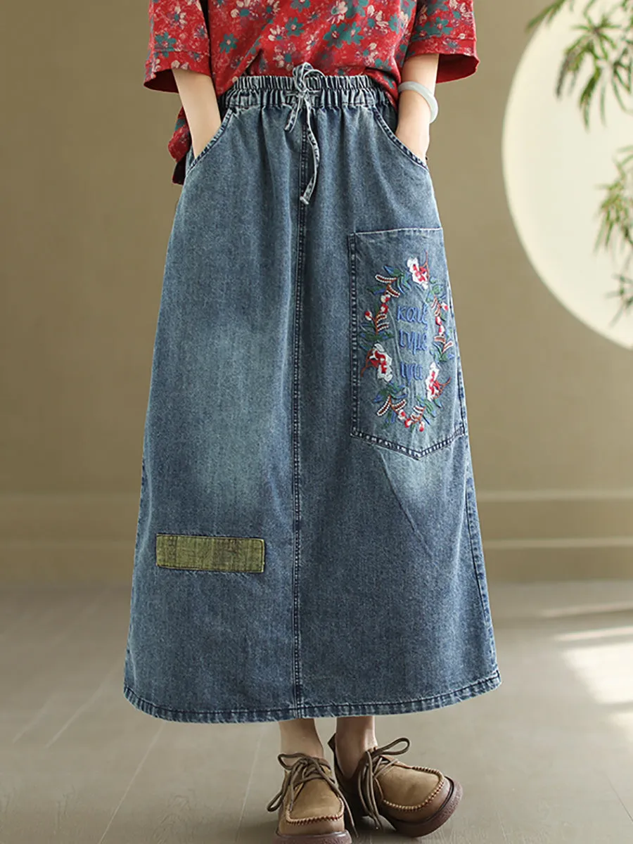 Women Artsy Flower Embroidery Denim Skirt PA1009