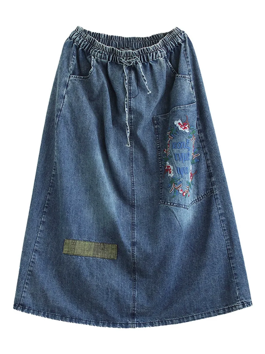 Women Artsy Flower Embroidery Denim Skirt PA1009