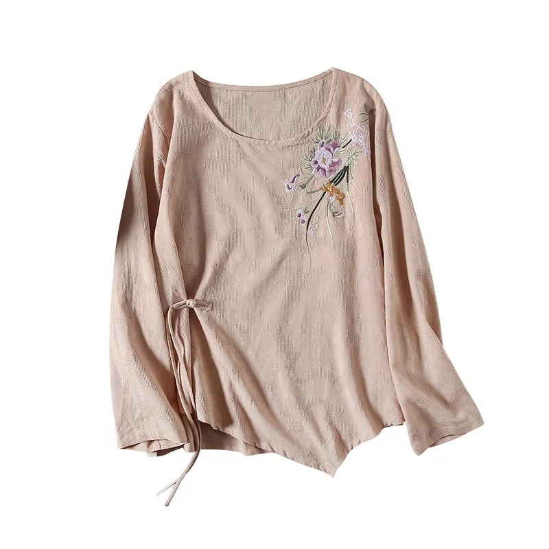 Women Autumn Retro Flower Embroidery T-Shirt