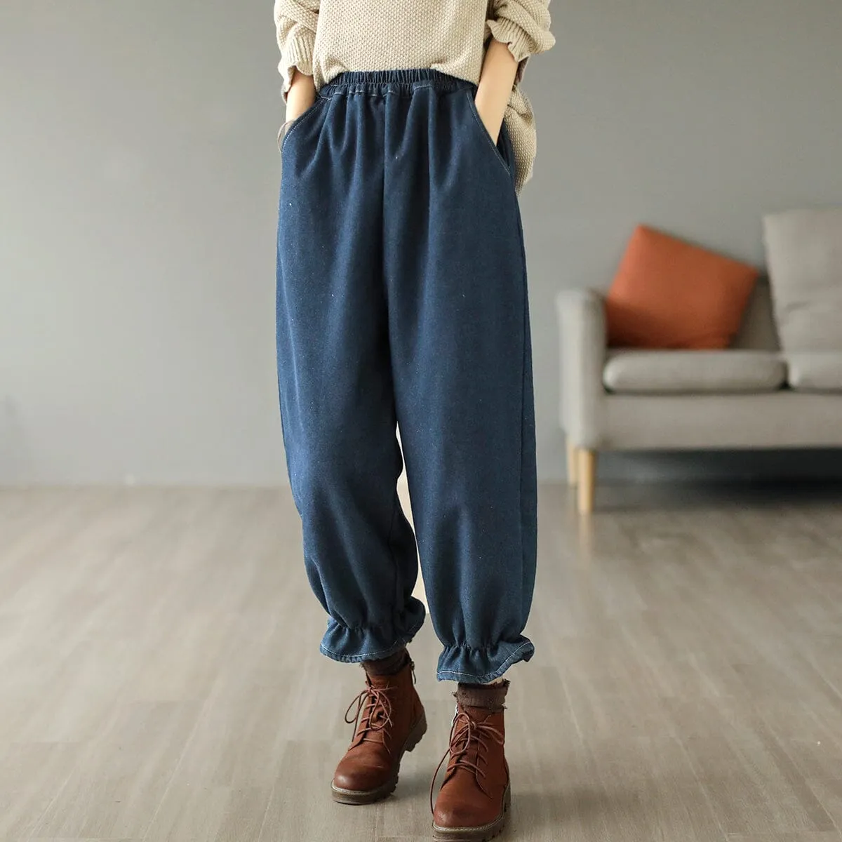 Women Retro Winter Furred Harem Jeans