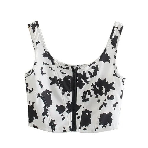 Women Summer Crop Top Cow spots Zip Up Casual Fashion Sexy Chic Lady