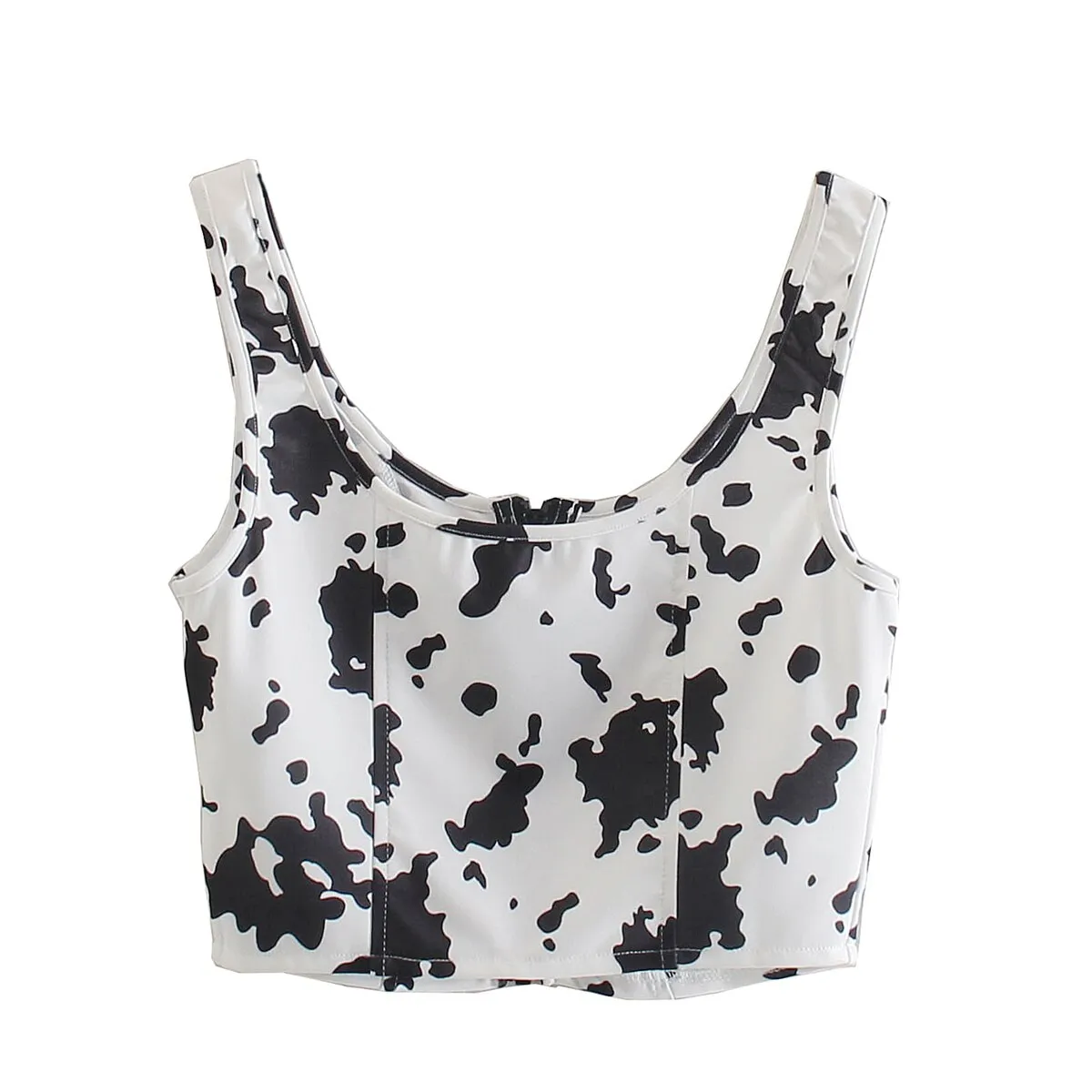 Women Summer Crop Top Cow spots Zip Up Casual Fashion Sexy Chic Lady