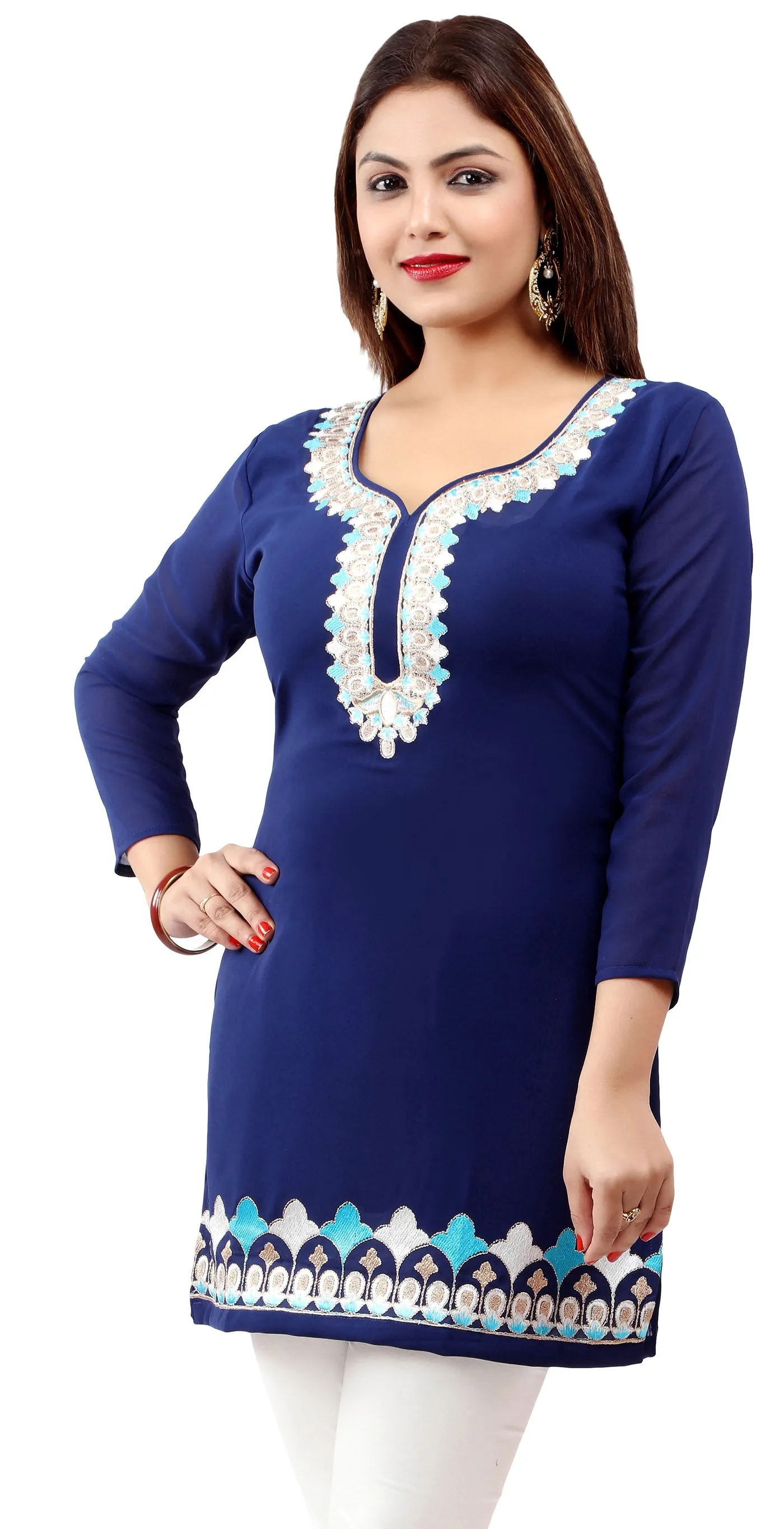 Women's Indian Tunic Kurti Top Blouse India Clothes (Blue)