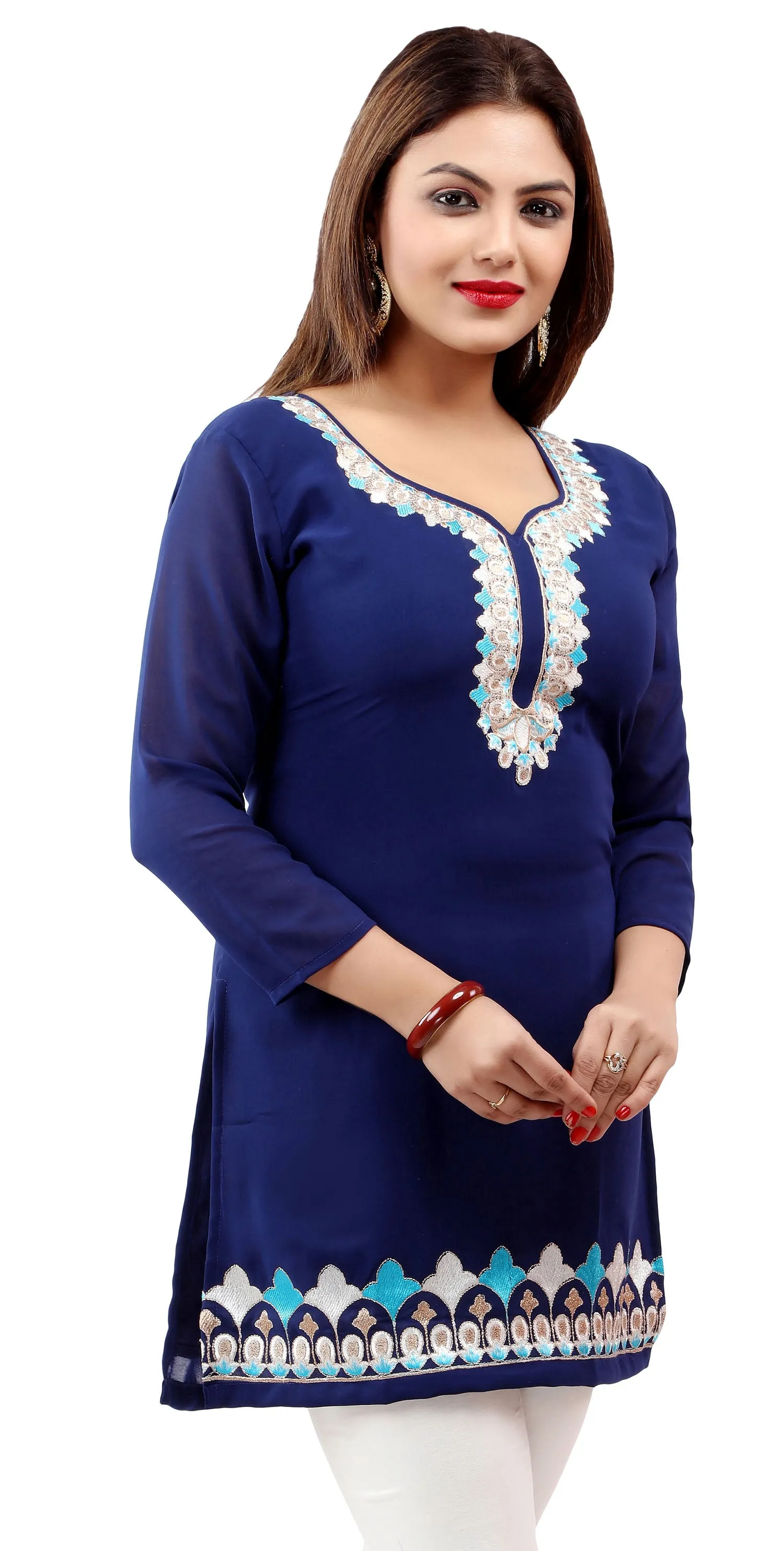 Women's Indian Tunic Kurti Top Blouse India Clothes (Blue)