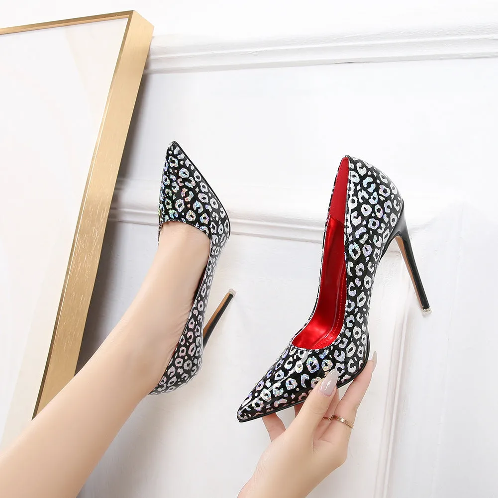 Women's Leopard Print Pointed Toe Shallow Stiletto Heel Pumps