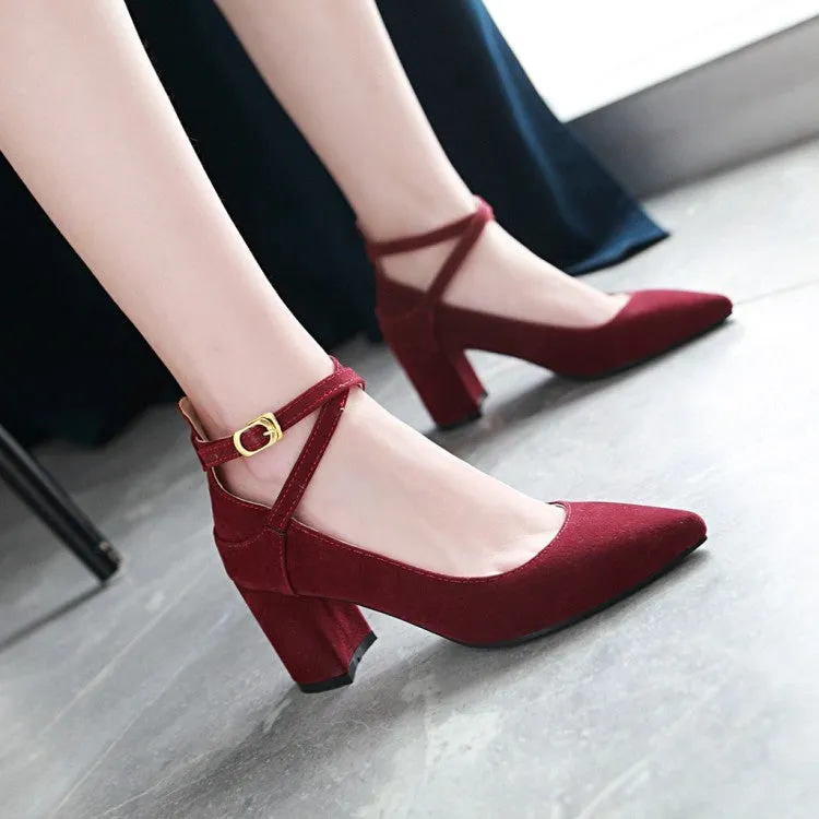 Women's's Pointed Toe Ankle Strap Block Heels Pumps