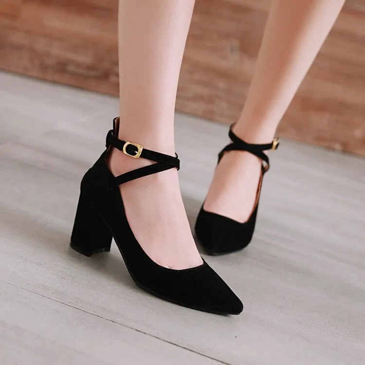 Women's's Pointed Toe Ankle Strap Block Heels Pumps