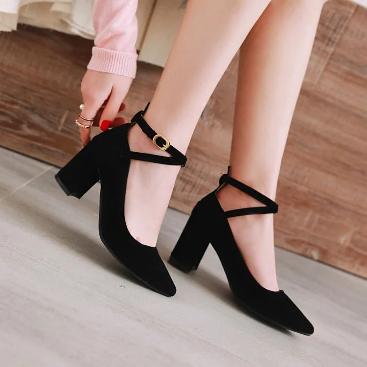 Women's's Pointed Toe Ankle Strap Block Heels Pumps