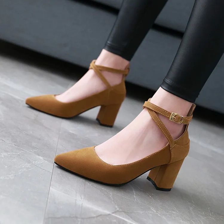 Women's's Pointed Toe Ankle Strap Block Heels Pumps