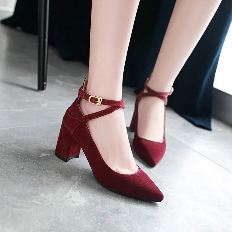 Women's's Pointed Toe Ankle Strap Block Heels Pumps